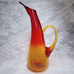 Vintage Kanawha Amberina Crackle Glass Pitcher MCM Hand-Blown Art Glass 12"